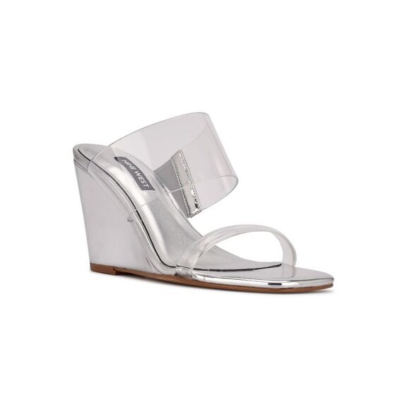 NINE WEST Womens Silver Transparent Nats Toe Wedge Slip On Heeled Sandal 7.5 M - Picture 1 of 5